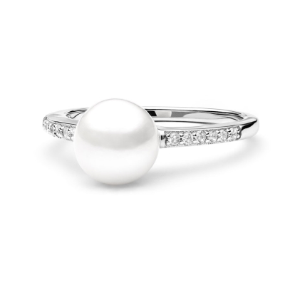 Stříbrný prsten s bílou perlou a zirkony Elodie | Gaura Pearls