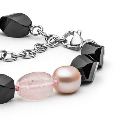 Korálkový náramek - růžový křemen, perla a onyx | Gaura Pearls