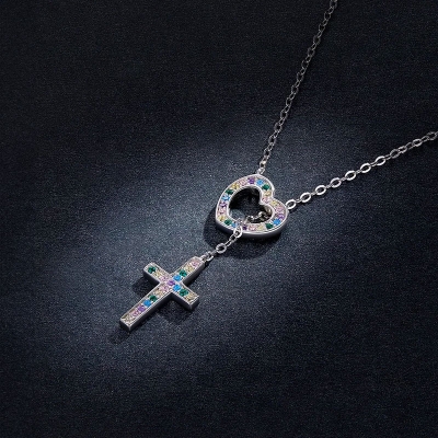 Stříbrný náhrdelník Kříž a Srdce - stříbro 925/1000, zirkon