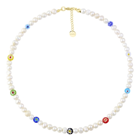 Perlový náhrdelník Laura - korálky Millefiori, bílé perly | Manoki