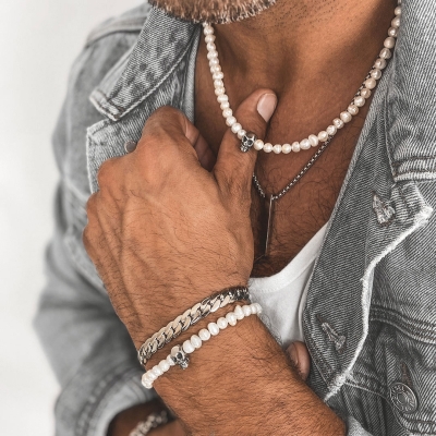 Pánský perlový náhrdelník Aronne - lebka, chirurgická ocel | Manoki