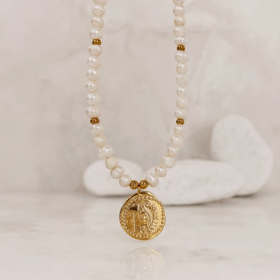 Perlový náhrdelník Eudora Gold - starožitná mince, perla | Manoki
